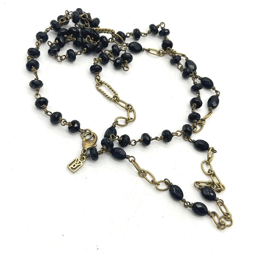 Waxing Poetic Brass Onyx Beaded Necklace Black Faceted Stone 30 Inch